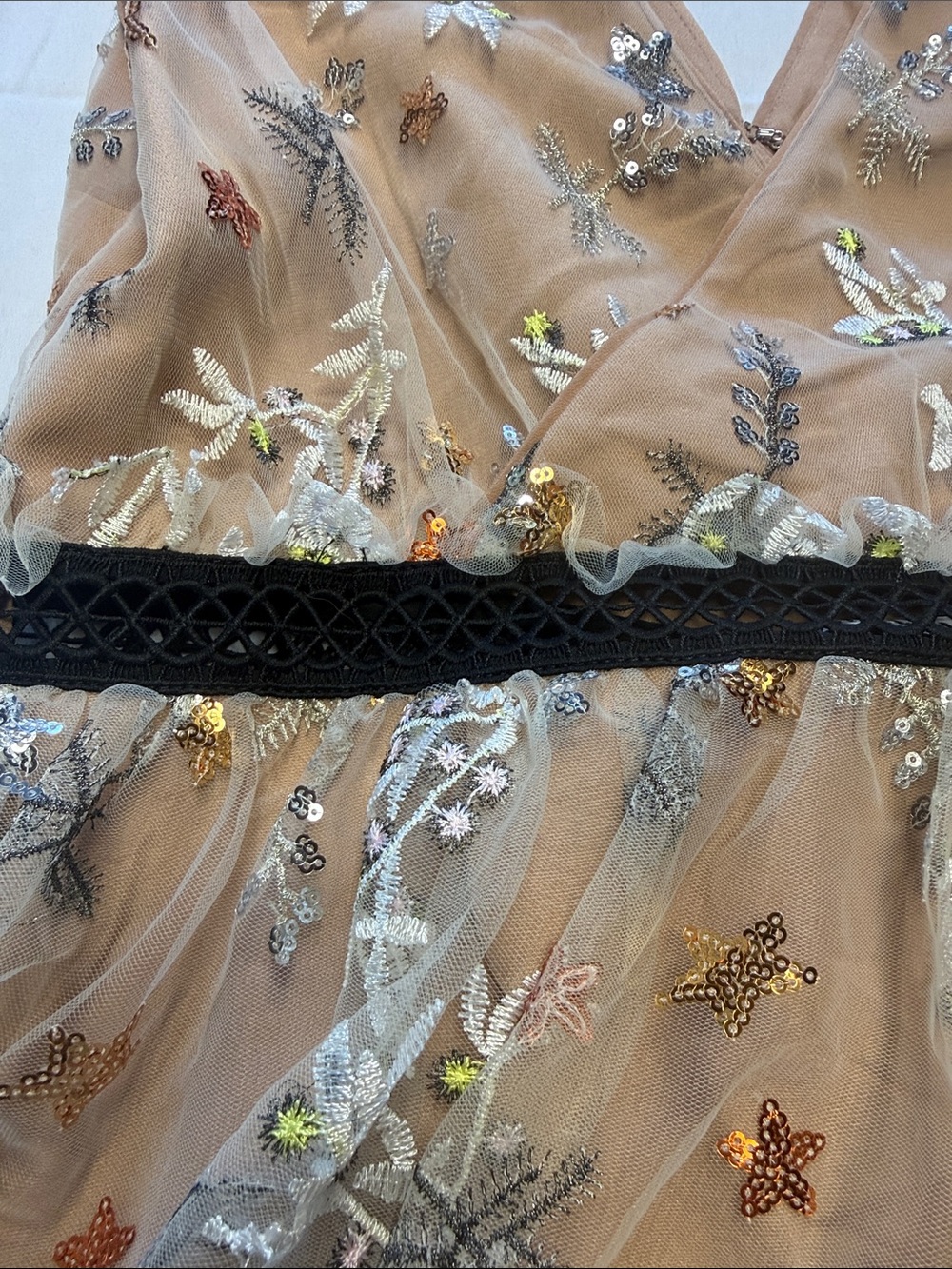 Self-Portrait Nude and Black Embroidered Tulle Party Dress - Picture 3 of 7